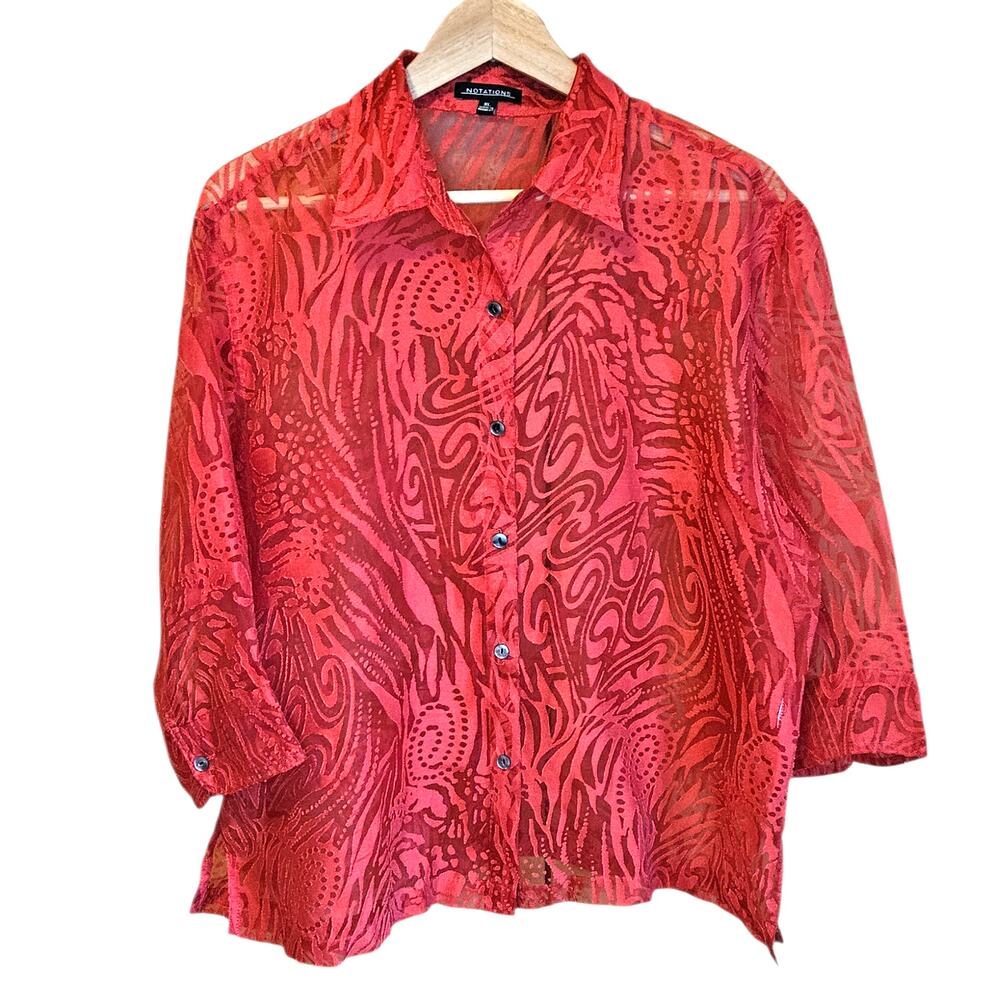 Notations Women's XL Red Burnout Devore Abstract Sheer Button Up Blouse Top